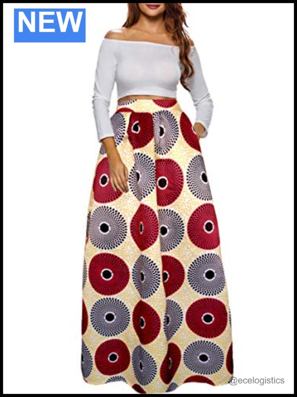 Women's African Floral Maxi Skirt High Waist A-Line with Pockets